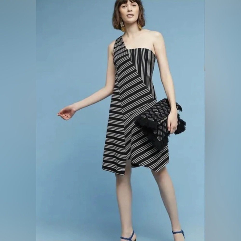 Anthropologie Maeve Moka One-Shoulder Dress, Black and White Size Small